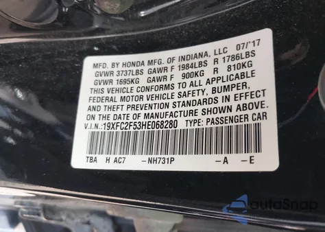 2017 Honda Civic Lx из США, поврежденный, VIN 19XFC2F53HE068280